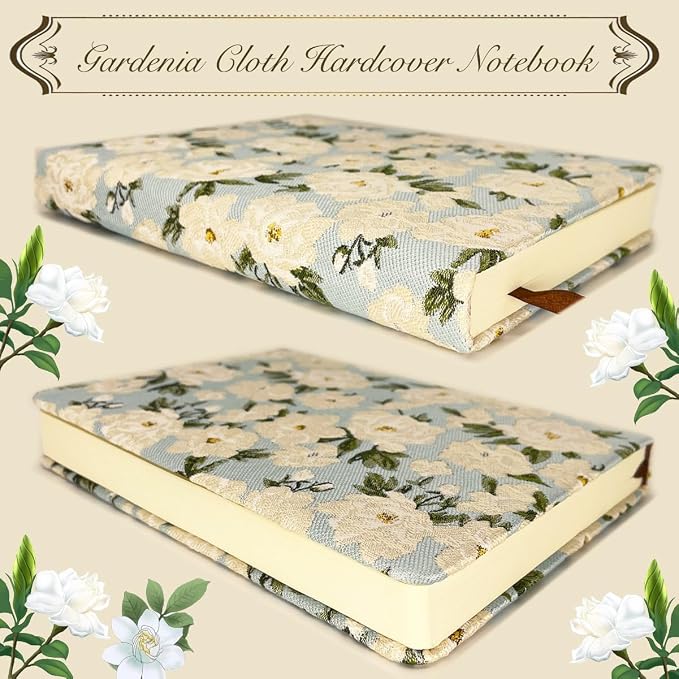 Pocket Notebook, A6, 4x6, Small Embroidered Journal, Cute Notebook, Lay Flat, Hardcover, Lined Notebook & Sketchbook, Personal Writing Journal for Women, Blue Journal, White Gardenia Flower