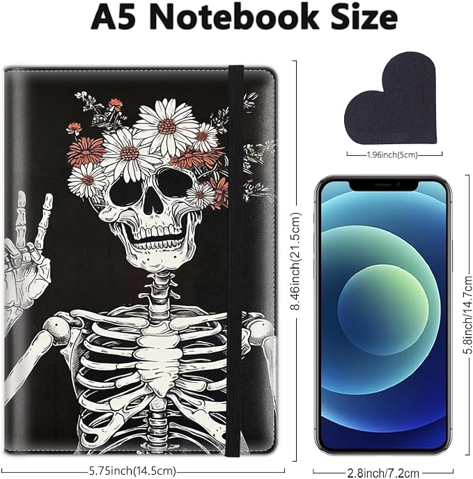 A5 Leather Lined Journal Notebook, 200 Pages Hardcover Executive Notebook for Office School Note Taking, Thick Writing Paper Daily Journal with Bookmarks/Indexes,Skull Skeleton with Flowers