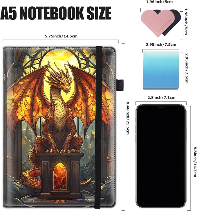 Hardcover Executive Notebooks, A5 PU Leather Lined Journal Notebook, 200 Pages Thick Paper Subject Notebooks for School,Work,Home Writing Business Notebook, Diary Book,Stained Glass Red Glass Dragon