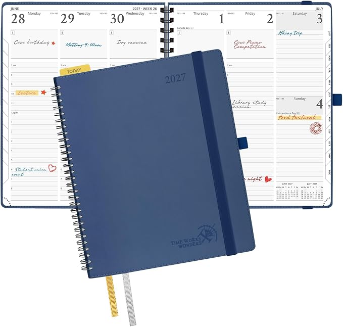 POPRUN 2027 Planner, 8.5'' x 10.5'', Weekly and Monthly Daily Calendar Book | 2027 Agenda(Jan - Dec) Appointment Book with Hourly Time Slots, Monthly Tabs, 100GSM, Spiral Leather Cover - Navy Blue