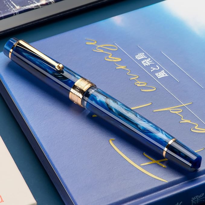 Asvine P20 Piston Fountain Pen Galaxy Blue Resin, Iridium Extra Fine Nib Gold Trim Smooth Writer Collection with Case Set