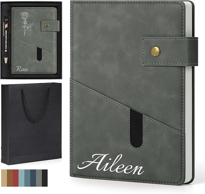 Personalized Notebook & Pen Set Custom A5 PU Leather Journal Gift Box, Grey