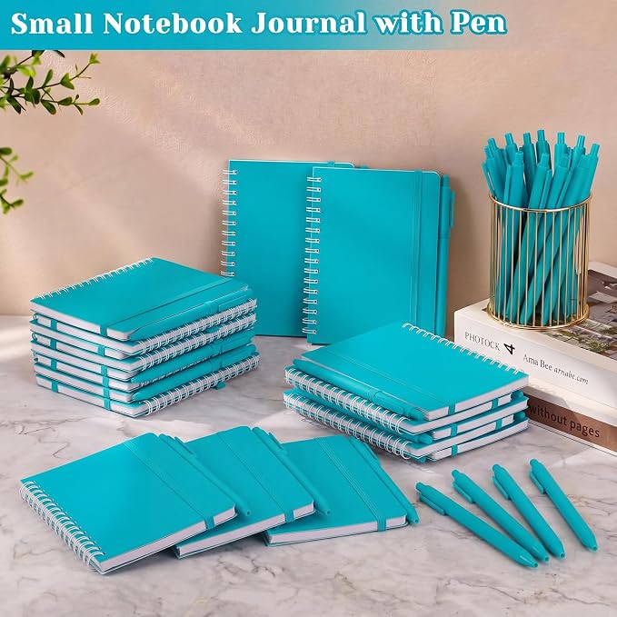 Fulmoon 10 Set Small Spiral Notebooks A6 with Pens Bulk, Multicolor 4" x 6" Pocket Notebooks Mini Lined Journals 50 Sheets for Back to School Supplies Students Rewards Office Gifts (Teal Blue)