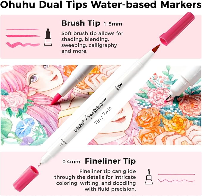 Ohuhu Adult Coloring Book Markers Paper-friendly Water-Based 120 Color-Pupe | Coloring Markers No Peeling Dual Brush Fine Tips Ohuhu Markers No Bleeding Drawing Pens for Kids Adults Beginner Calligraphy
