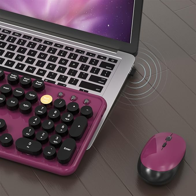 Colorful MPTOG Wireless Computer Keyboard and Mouse Combo (Black-Claret) | Retro Round Typewriter Keycaps, Power Switch, Ergonomic Design, 2.4GHz Wireless for Windows, Mac, PC