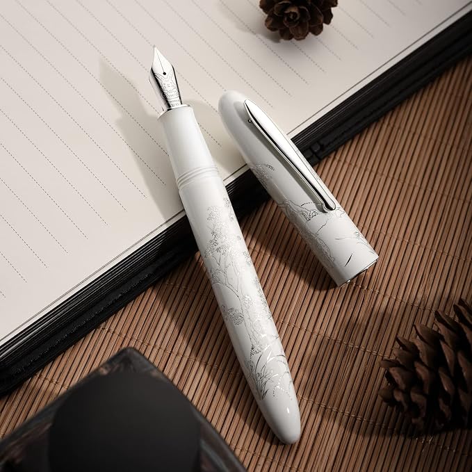 HONG DIAN N23 White Rabbit Fountain Pen, Long Blade Medium Nib Silver Trim, New Year Lucky Rabbit Carving Design, Smooth Writing Pen with Converter and Metal Pen Box Set