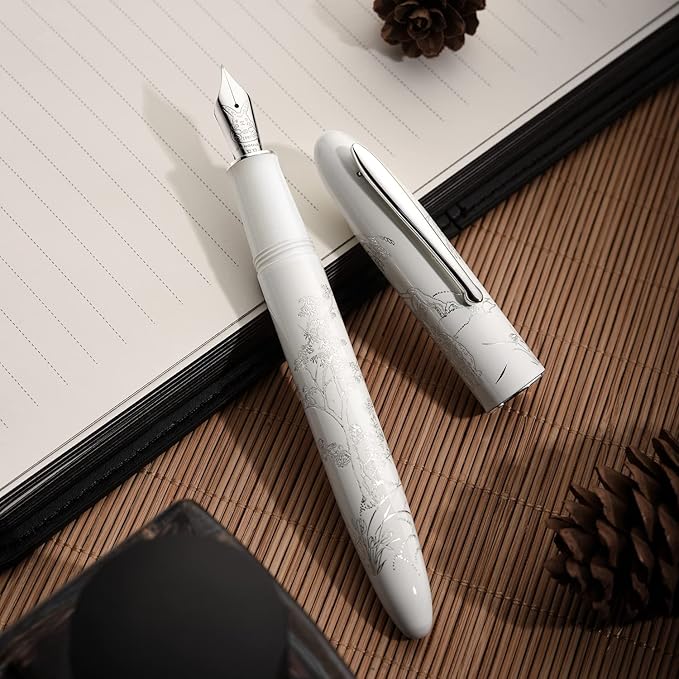 HONG DIAN Hongdian N23 White Rabbit Fountain Pen, Iridium Extra Fine Nib Silver Trim, New Year Lucky Rabbit Carving Design, Smooth Writing Pen with Converter and Metal Pen Box Set