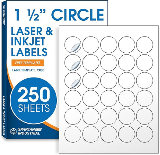 1.5" Printable Round Labels for Laser and Inkjet Printers - 7500 Blank Labels, 250 Sheets for Thank You Stickers, Price Tags, QR Codes, Business Logos - Spartan Industrial Template C003