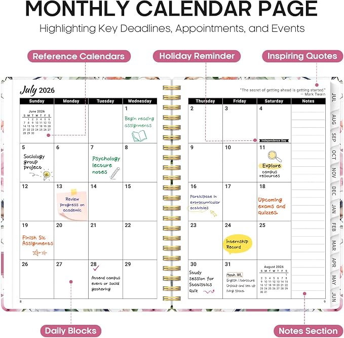 Planner 2026-2027, Academic Year Monthly and Weekly Calendar Planner, Jul 2026 - Jun 2027, Hardcover Teacher Student Planning Agenda book with Tabs, Perfect for School Office Supplies, 6.3" x 8.5" - Songbird Bloom