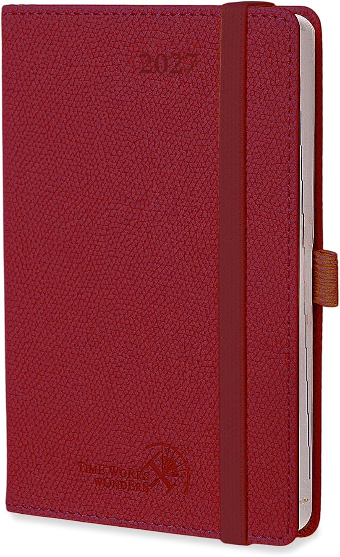 POPRUN 2027 Pocket Planner Weekly and Monthly (Purse Size-4'' x 6.25'') | Pocket Daily Calendar (Jan 2027 - Dec 2027) Appointment Book with Lined Sections, Leather Hardcover, 100GSM - Burgundy