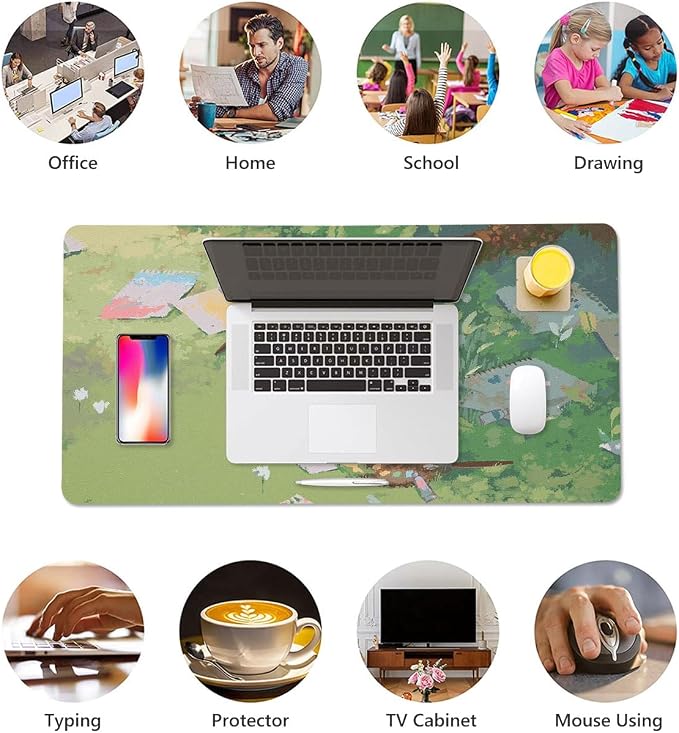 Cute Kawaii Cat Green Large Mouse Pad, PU Leather Desk Pad Protector, Non-Slip Computer Desk Writing Mat, Gaming Keyboard Mouse Pad, Office Desk Accessories