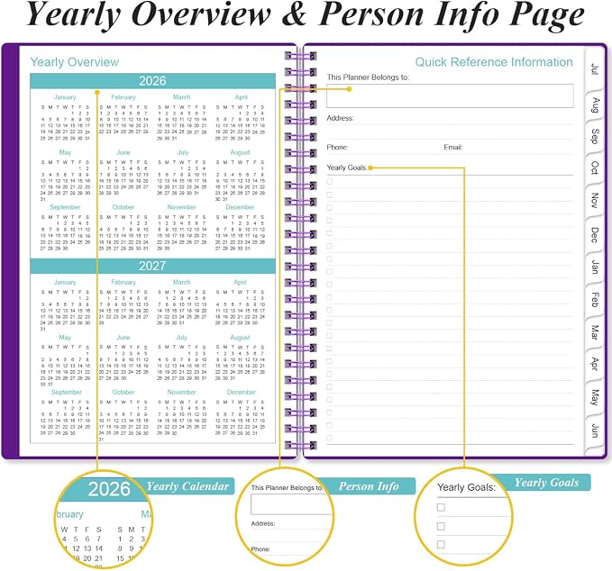 2026-2027 Planner - A5 Weekly & Monthly Planner Spiral Bound, July 2026 - June 2027, with Flexible Cover, Tabs, Inner Pocket, 6.4" x 8.5", Purple