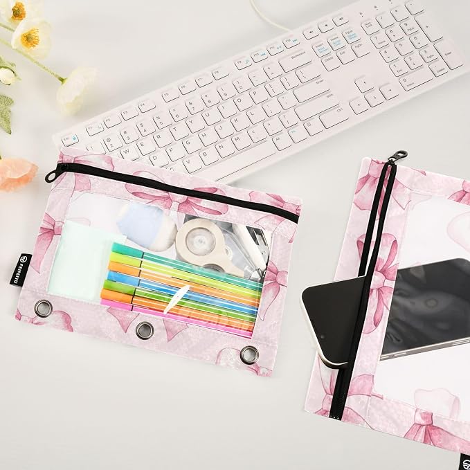 Pink Bows (1) Pencil Pouch Fits standard 3-ring binders, Zipper Binder Pencil Bag with Clear Window for Office 2 Pack