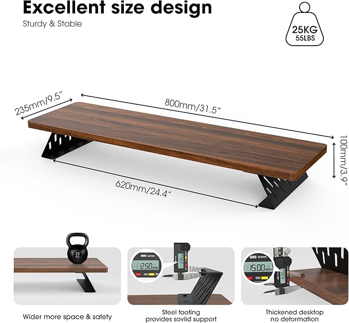 Fenge Monitor Stand Riser, Wooden & Metal Desk Shelf Organizer, Brown | 31.5 Inch Computer Stand for Compact Work Station, Multifunctional Monitor Shelf for Laptop, PC, Printer