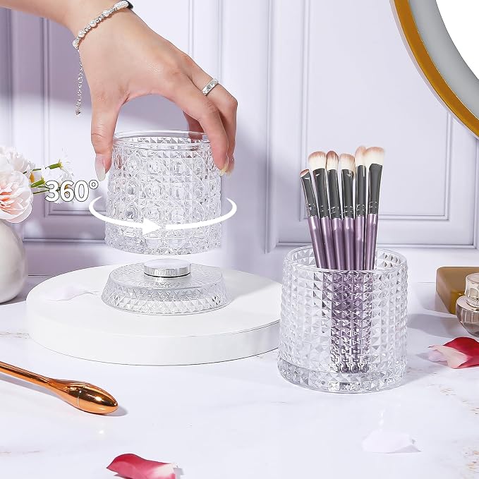 DASITON Makeup Brush Holder Organizer, Crystal Cosmetic Brushes Storage Holder Glass Makeup Organizer, 360° Rotating Make Up Brush Cup for Vanity, Dresser, Bathroom, Pen Pencil Holder for Desk (Clear)