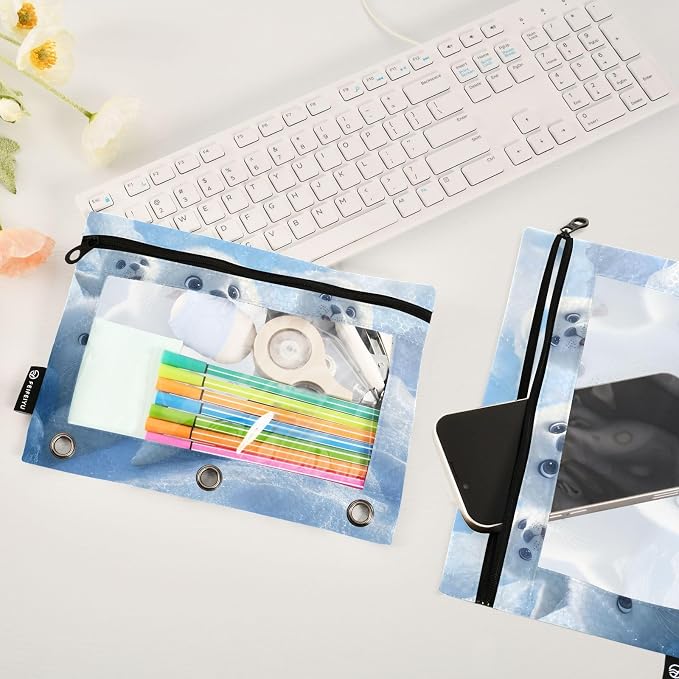 White Seal Lion Nautical Pencil Pouch for 3 Ring Binder, 2 Pack Zipper Pencil Pouches with Clear Window Pencil Bag Case Office School Supplies