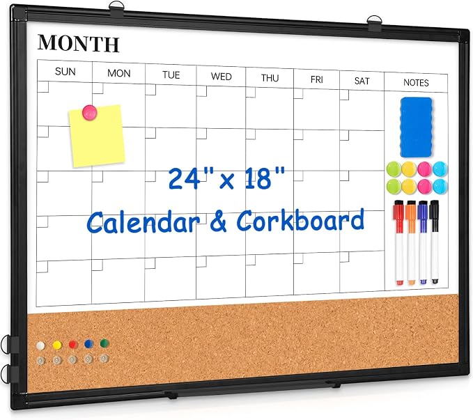 Monthly Calendar Whiteboard Dry Erase Cork Board Combo, 24" x 18" Magnetic Double-Sided Calendar White Board and Bulletin Board with Black Aluminium Frame, Portable Whiteboard for Office, Home, School