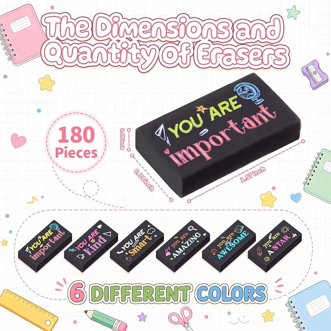 Resurhang 180 Pcs Erasers Bulk for Kids Inspirational Pencil Erasers Bulk for Drawing Motivational Big Eraser School Supplies for Classrooms Back to School Office (Inspirational,Black)