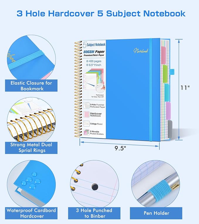 5 Subject Notebook College Ruled,80GSM Paper Thick Hardcover Spiral Notebook Lined Journal with Removable Dividers Tabs,400pages 8.5"x11" Paper Large Notebooks for School Work,3-Hole Punched, Blue