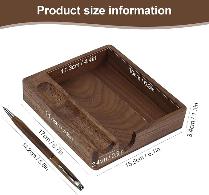MultiBey Walnut Wood Sticky Note Holder with Pen Slot and Wooden Pen, 4x6 Self-Stick Note Dispenser Desk Accessories, Natural Wood Memo Pad Holder Organizer for Office School Home