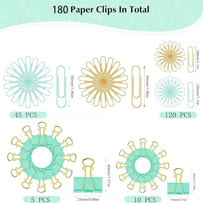 Cute Girly Office Supplies Set - Green & Colored Paper Clips + Binder Clips Assorted Sizes, Metal Paperclips & Cute Binder Clips for Home School Office