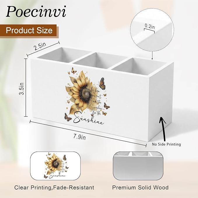 Inspirational Golden Sunflower Pen Holder for Home Office Desk, When You Can't Find the Sunshine Be the Sunshine Motivational Wooden Box Sign Pencil Holder for Desk Shelf Organizer