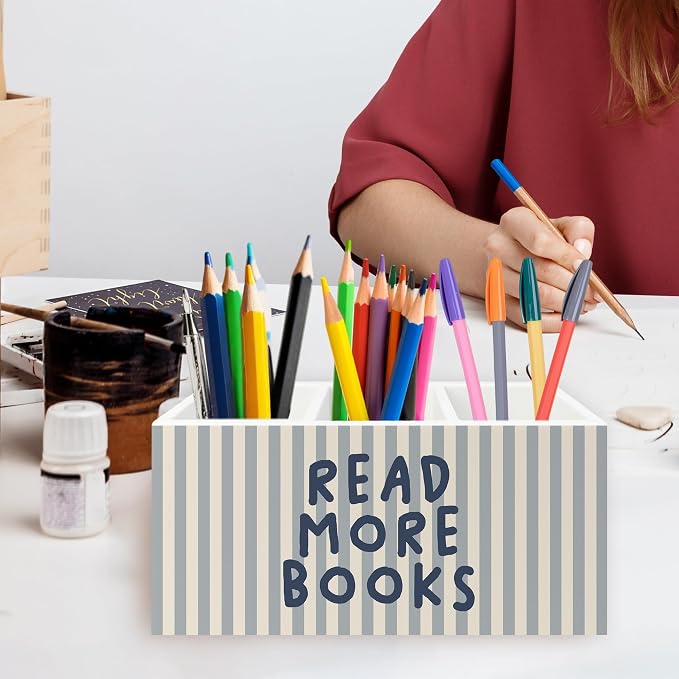 Reading Room Decor Pen Pencil Holder Organizer for Desk,Read More Books Blue Striped Wooden Box Signs Decorations for Reading Room Classroom Library Desk Tabletop, Book Lover Reader Gifts