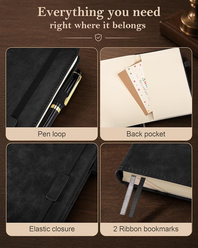Lined Hardcover Leather Journal Notebook: A5 Journal for Women Men, Black | 312 Numbered Pages & Content, 100GSM Thick Paper, College Ruled Journals Note Book for Business Work Writing Diary