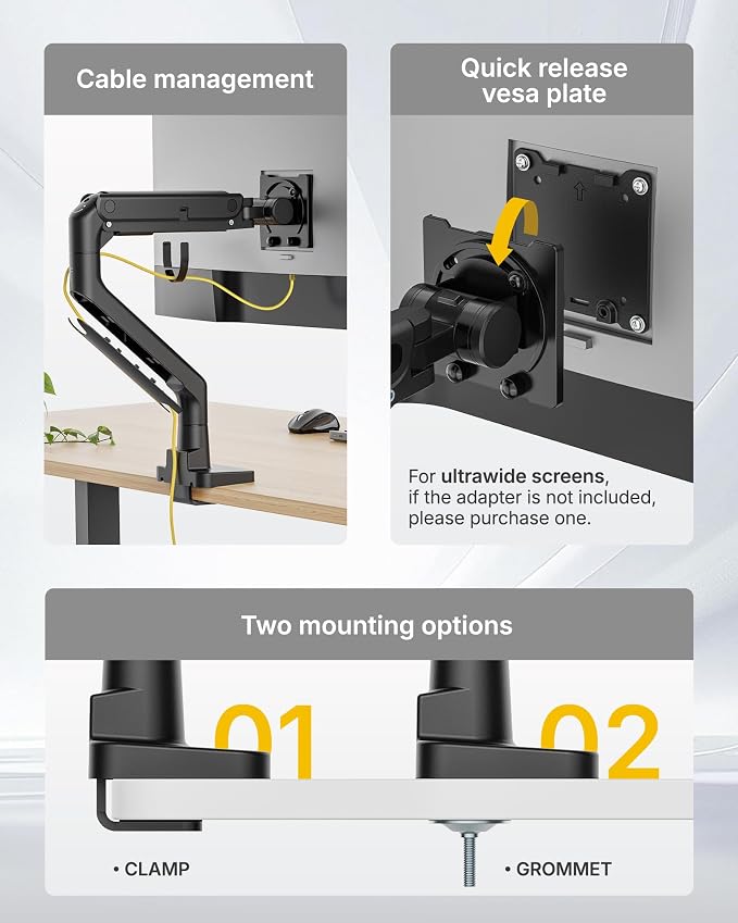 monTEK Heavy Duty Monitor Arm, 17-57" Ultrawide, Gas Spring, with USB，Black | Desk Monitor Mount Holds Max 57" Ultrawide Curved Screen Up to 59.4 lbs with USB 3.0A/C,No Sag,Clamp & Grommet Arm,75/100VESA
