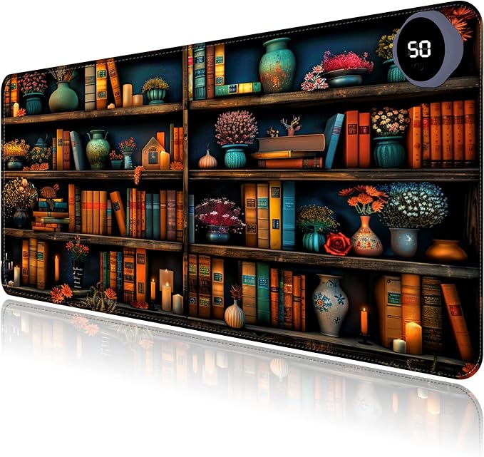 Heated Mouse Pad with 3 Levels Heated & 3 Hours Auto Shut-Off Mouse Pad for Warming Hands in Office Home, 23.6" x 14.2"Large Safe Desk Mat Hand Warmer，Vintage Colorful Bookshelf