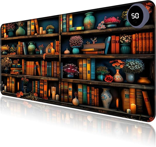 Heated Mouse Pad with 3 Levels Heated & 3 Hours Auto Shut-Off Mouse Pad for Warming Hands in Office Home, 23.6" x 14.2"Large Safe Desk Mat Hand Warmer，Vintage Colorful Bookshelf