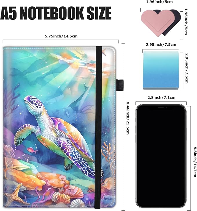 Hardcover Executive Notebooks, A5 PU Leather Lined Journal Notebook, 200 Pages Thick Paper Subject Notebooks for School,Work,Home Writing Business Notebook, Diary Book ，Watercolor Turtle
