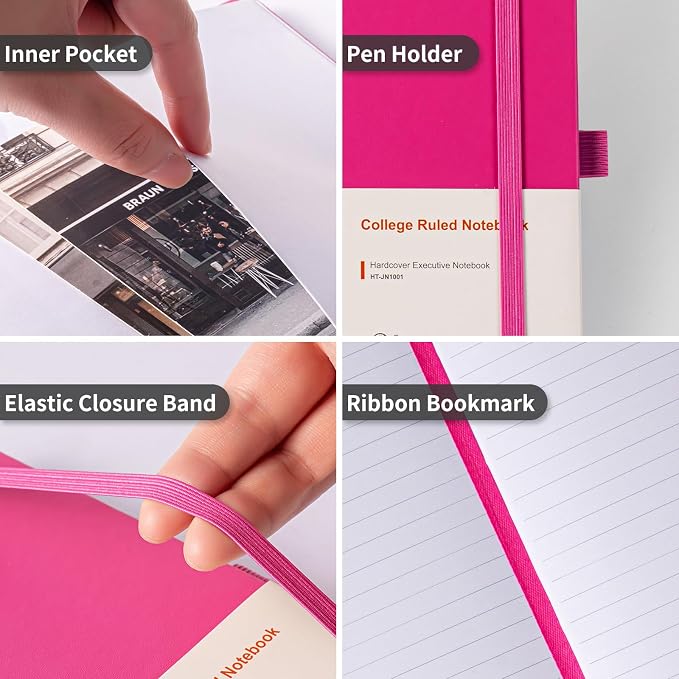 Heture Hardcover Journal Notebooks, A5 Lined Notebook for Writing and Work, 160 Pages 100 GSM Thick Paper, Ruled Notebooks Bulk with Elastic Closure, Hardcover Notebook for Work, School, Travel, Note Taking (Fuchsia, 1 Pack)