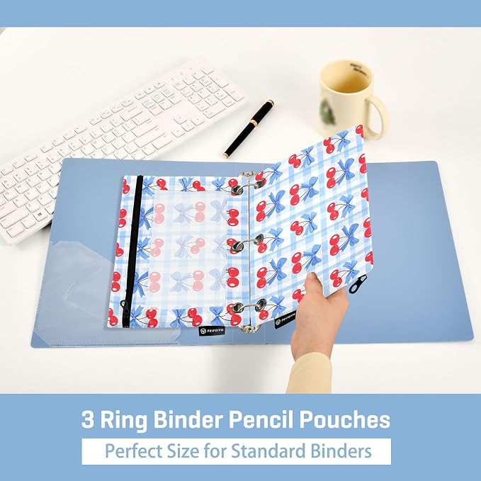 Cherry Blue Bow Buffalo Plaid Pencil Pouch for 3 Ring Binder 2 Pack Zipper Binder Pencil Bag with Clear Window Pencil Case for Office Supplies