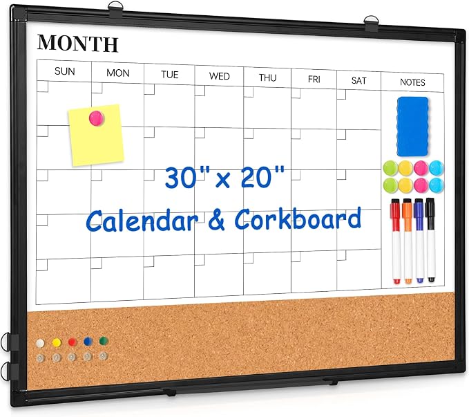 Monthly Calendar Whiteboard Dry Erase Cork Board Combo for Wall, 30" x 20" Double-Sided Calendar White Board and Bulletin Board with Black Aluminium Frame, Planning Board for Office, Home, School