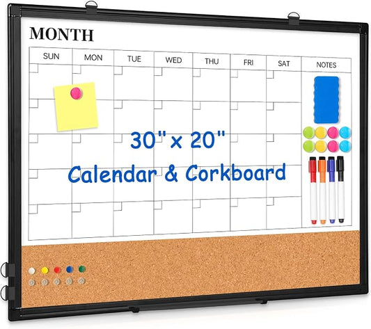 Monthly Calendar Whiteboard Dry Erase Cork Board Combo for Wall, 30" x 20" Double-Sided Calendar White Board and Bulletin Board with Black Aluminium Frame, Planning Board for Office, Home, School