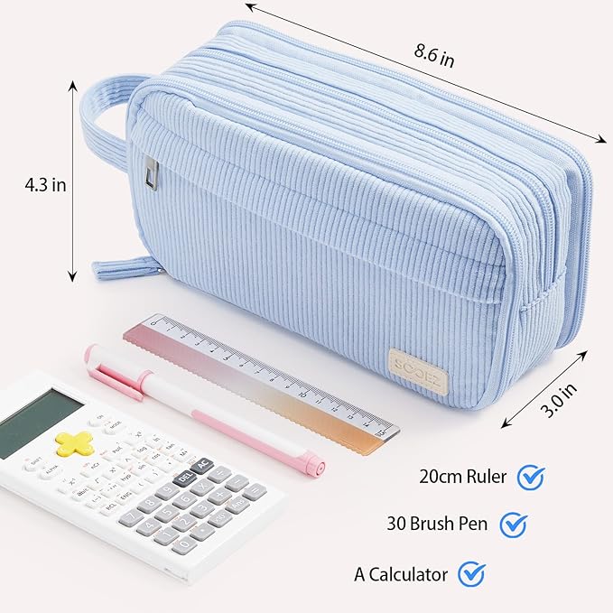 Sooez High Capacity Pencil Case, Soft Corduroy Pencil Pouch with 4 Compartments, Multiple Pockets, Large Bag with Sturdy Zipper, Cute Case Pouch Organizer for Student Teen Girls, Dark Pink
