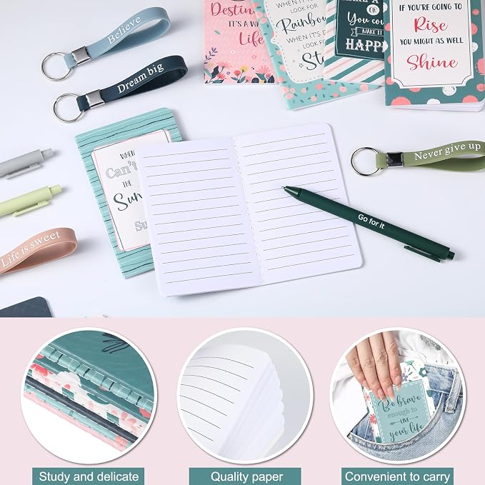 PerKoop 48 Pcs Inspirational Gifts Bulk Motivational Notepads Ballpoint Pens Keychains Set Classic Notebook Journal Lined for Teachers School Office Party Favor Supplies
