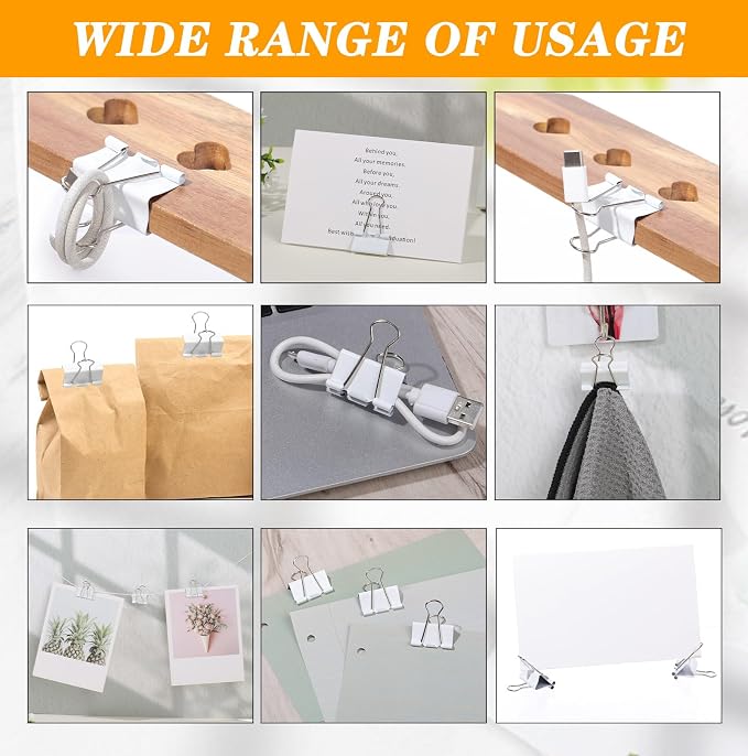 Jetec 200 Pack 1.25in/32mm White Metal Binder Clips Bulk Medium Reusable Fold Back Binder Clips Paper Clamps Spring Steel Sturdy for Home Office School Supplies