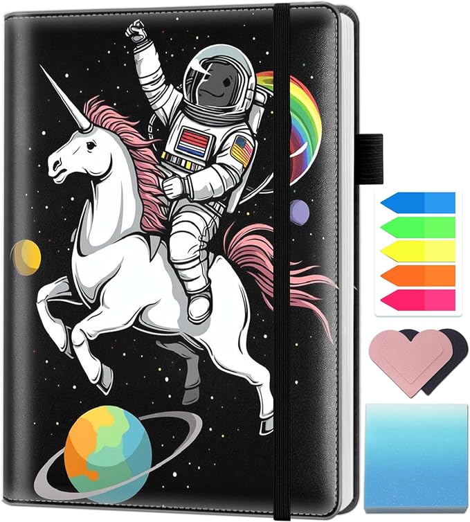 A5 Leather Lined Journal Notebook, 200 Pages Hardcover Executive Notebook for Men Women Office School Note Taking, Thick Writing Paper Daily Journal with Bookmarks/Indexes, Astronaut Riding Horse