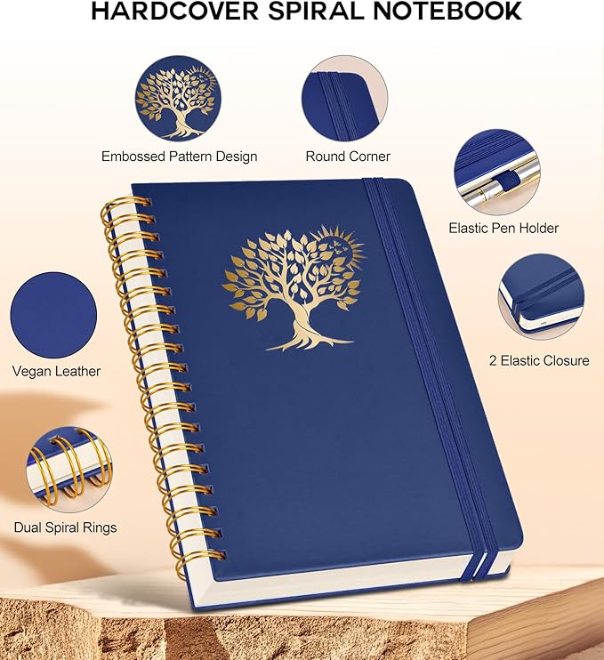 PERCUN B5 Spiral Notebook 300 Numbered Lined Pages Hardcover Journal 7"x10" | College Ruled Spiral Bound Notebook with Tabs, Large Leather Journal for Women Men, Work, School, Travel,Writing,Note Taking