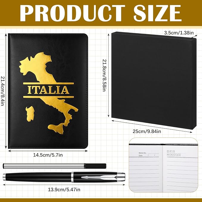 Thenshop 3Pcs Italy Souvenir Gift Set A5 Lined Leather Journal with Gold Embossed Map of Italy Notebook and Black Pen for Work, Business, School or Home Writing, Travel Planner, Gift Box Included