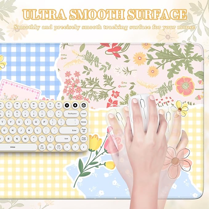 iCasso Aesthetic Checkered Desk Mat with Floral Design, XXL Mouse Pad and Keyboard Mat, Cute Flower Mousepad for Grily Desktop Decor, Office Home Laptop Accessories（Butter Yellow