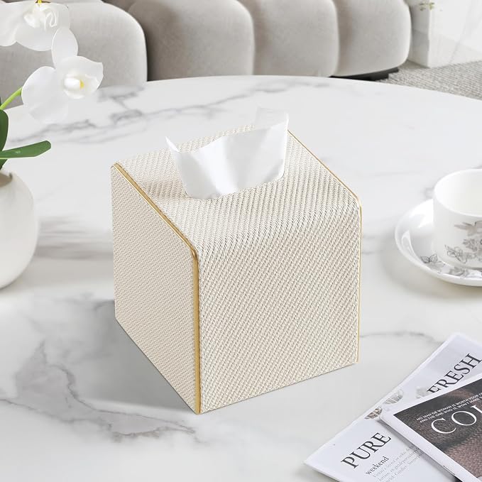 Square PU Leather Tissue Box Cover with Magnetic Closure, Decorative Tissue Holder & Storage Container for Bedroom, Living Room, Dining Room, Bathroom, Countertop, Desk (Square Off-White Twill)