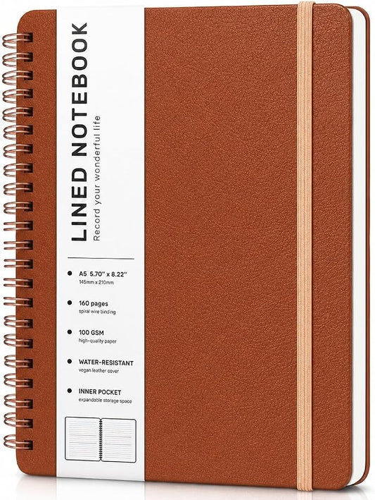 ABERLLS Lined Spiral Journal Notebook with 160 Pages, 8×5.7in, A5 Spiral Notebook, Journaling Notebooks for Work, School, Women, Men, College Ruled Spiral Notebook, Hardcover Leather Journals, Brown