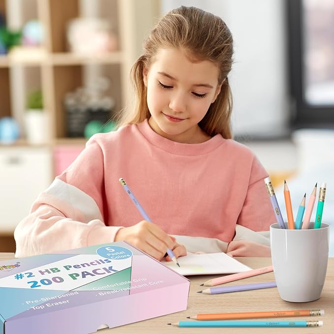 V-Opitos 200 Pack Bulk Pre-Sharpened Pastel #2 HB Wood-Cased Pencils | Color Pencils with Top Erasers, School Teacher Supplies, Writing, Drawing and Sketching