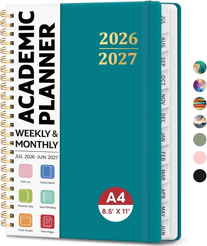 8.5" x 11" Academic Planner 2026-2027, Weekly & Monthly Calendar Planner Book, July 2026 – June 2027, Large Hardcover Organizer with Tabs, Perfect for Teachers, Students, Women & Men – A4, Turquoise