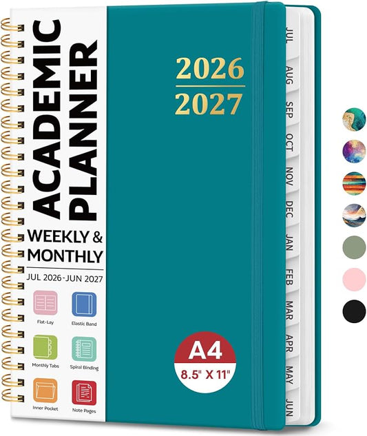 8.5" x 11" Academic Planner 2026-2027, Weekly & Monthly Calendar Planner Book, July 2026 – June 2027, Large Hardcover Organizer with Tabs, Perfect for Teachers, Students, Women & Men – A4, Turquoise