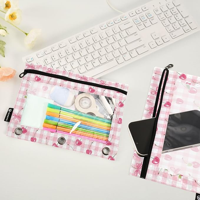 Binder Pencil Pouches Bow and Cherry Pen Case | Clear Window 3 Rings, Cosmetic Bags School Office Supplies Cosmetic Makeup Bag 2 Psc