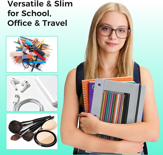 Pencil Pouch for 3 Ring Binder, Pencil Case with Zipper, 600D Fabric Pencil Pouch Bag Holder Accessories, Clear Window Pencil Case Aesthetic Back to School Organizer Pockets for Boy Girl (Grey)